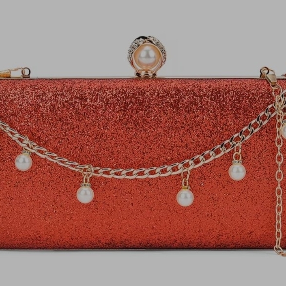 Glamorous Red Glitter Clutch with Pearl Bracelet & Necklace